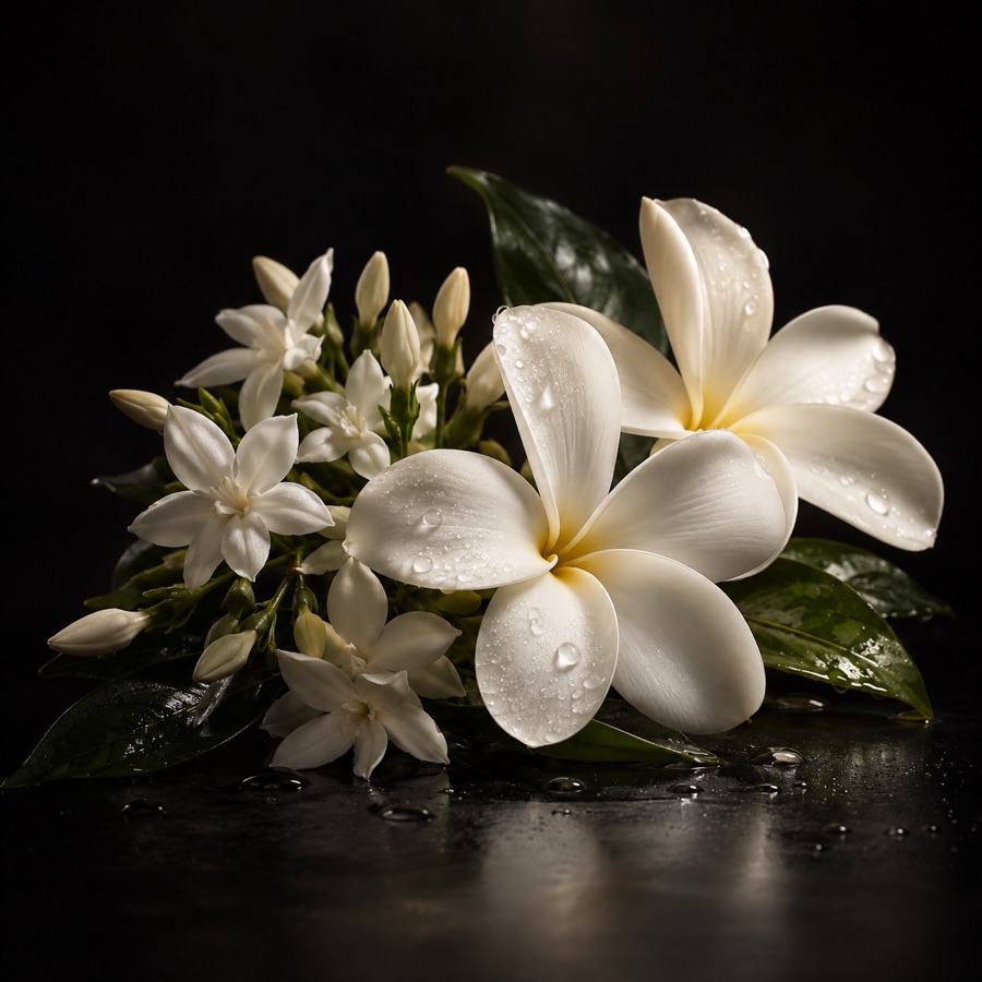 White jasmine flowers with water droplets on black