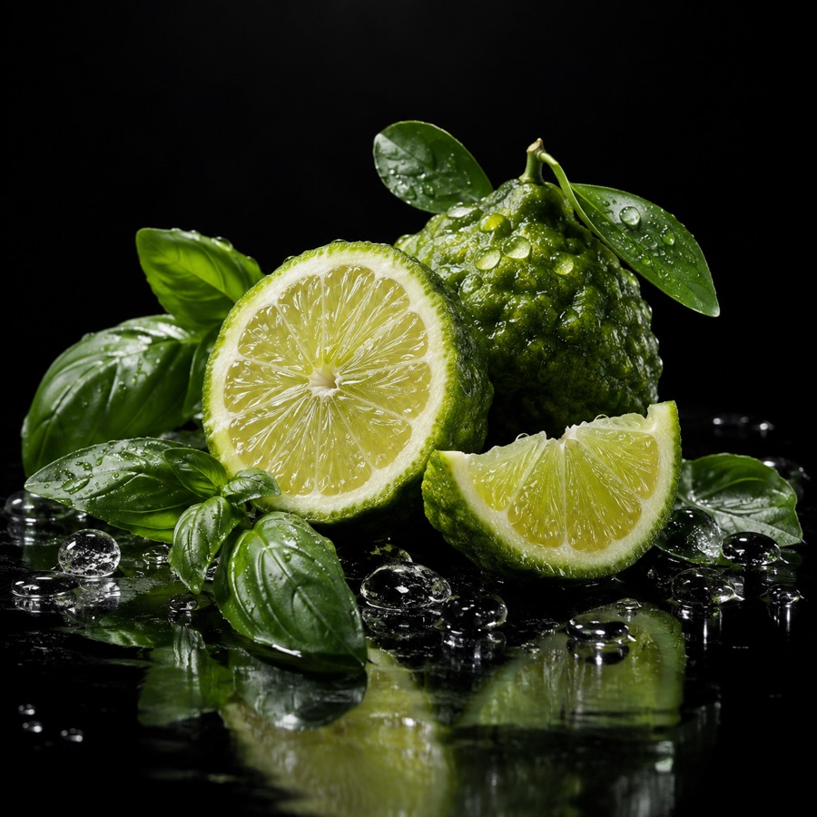 Fresh citrus and basil with water droplets on black