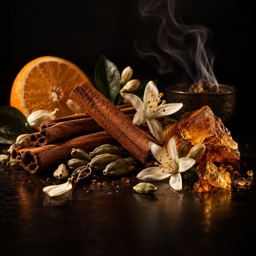 Cinnamon, cardamom, orange blossom and amber resin on black