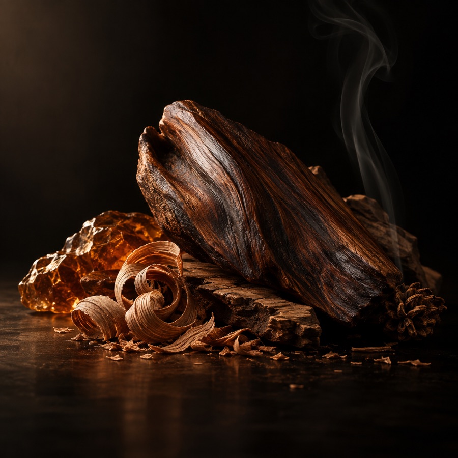 Dark wood and amber resin on a black studio background