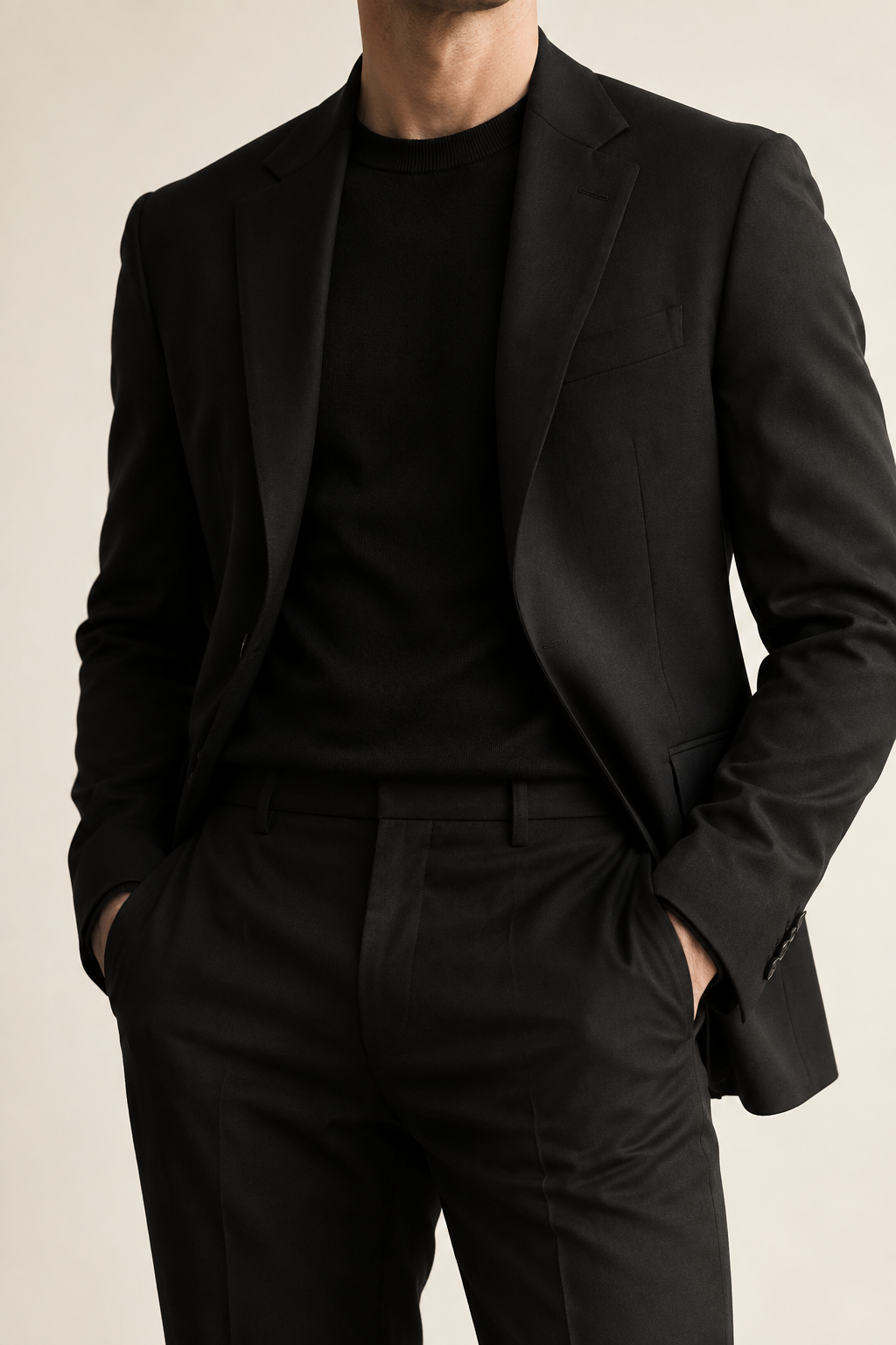 Man in a black tailored outfit cropped below the head