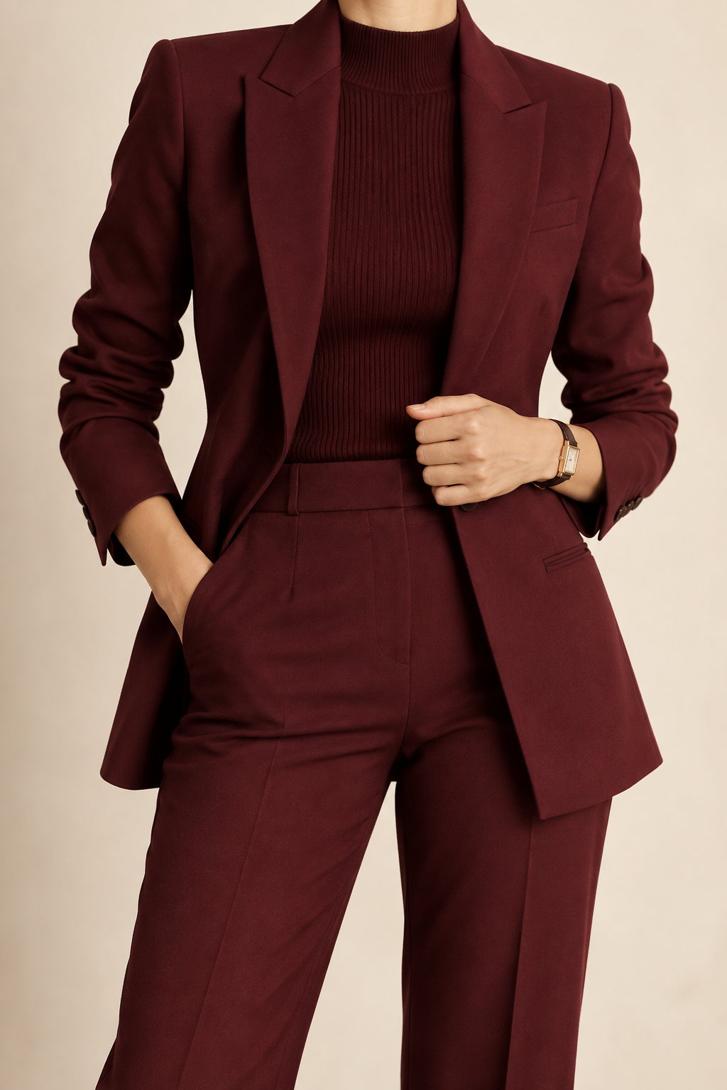 Woman in a burgundy tailored outfit cropped below the neck